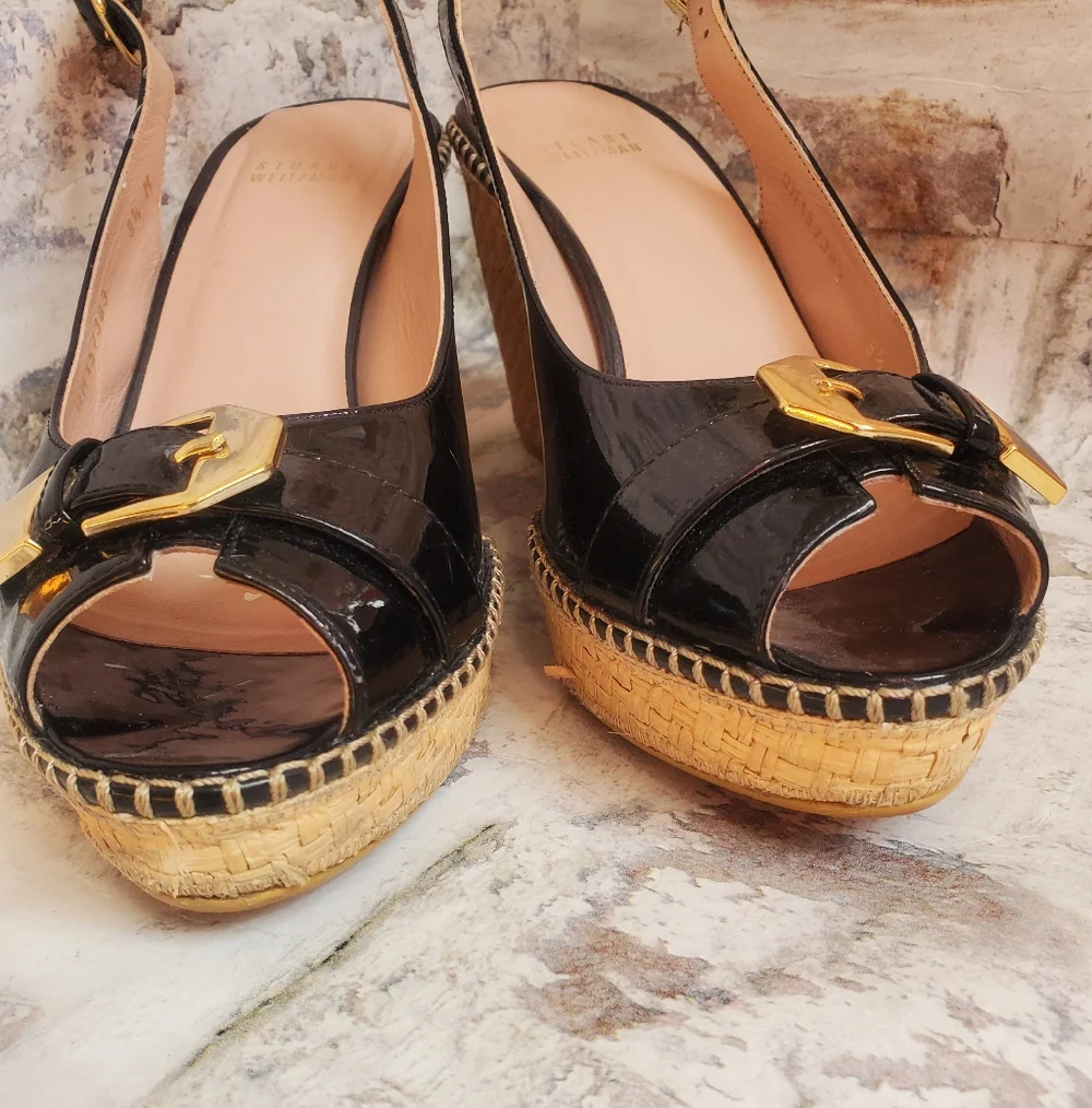 Stuart Weitzman Black Patent Leather Raffia Wedge Sandals Gold Buckle Size 9.5